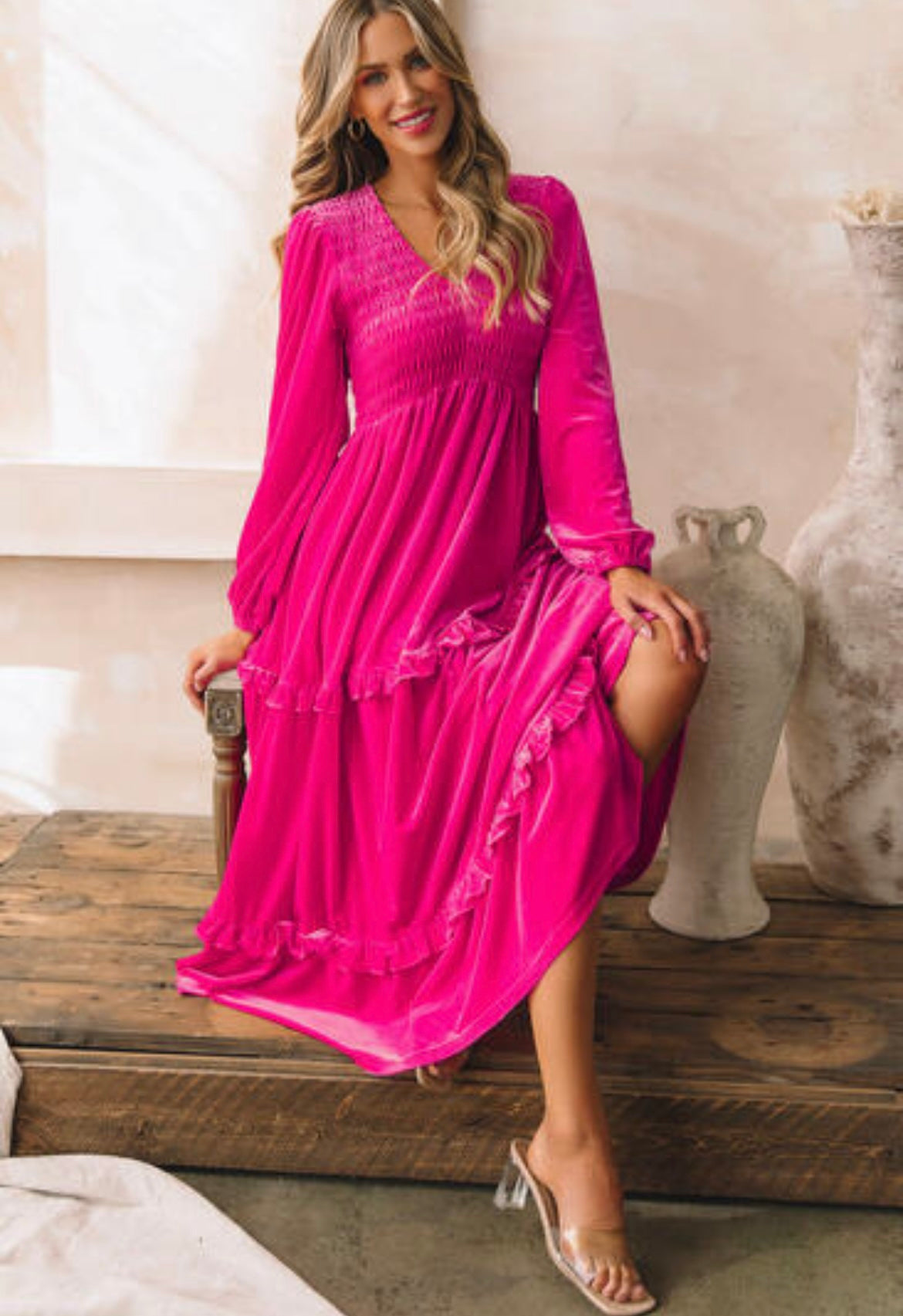 Rose Red Shirred Dress