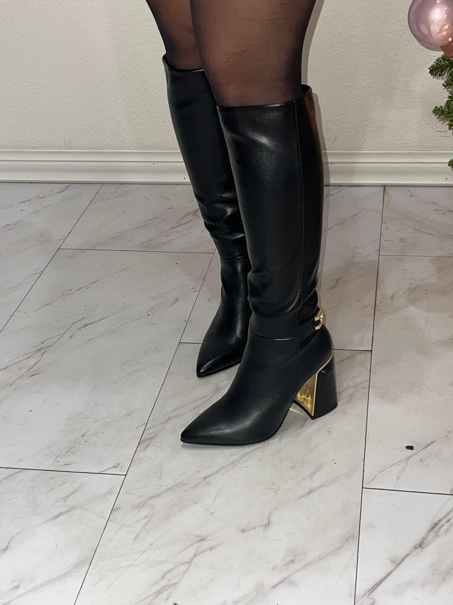 Black with gold chain knee high boot