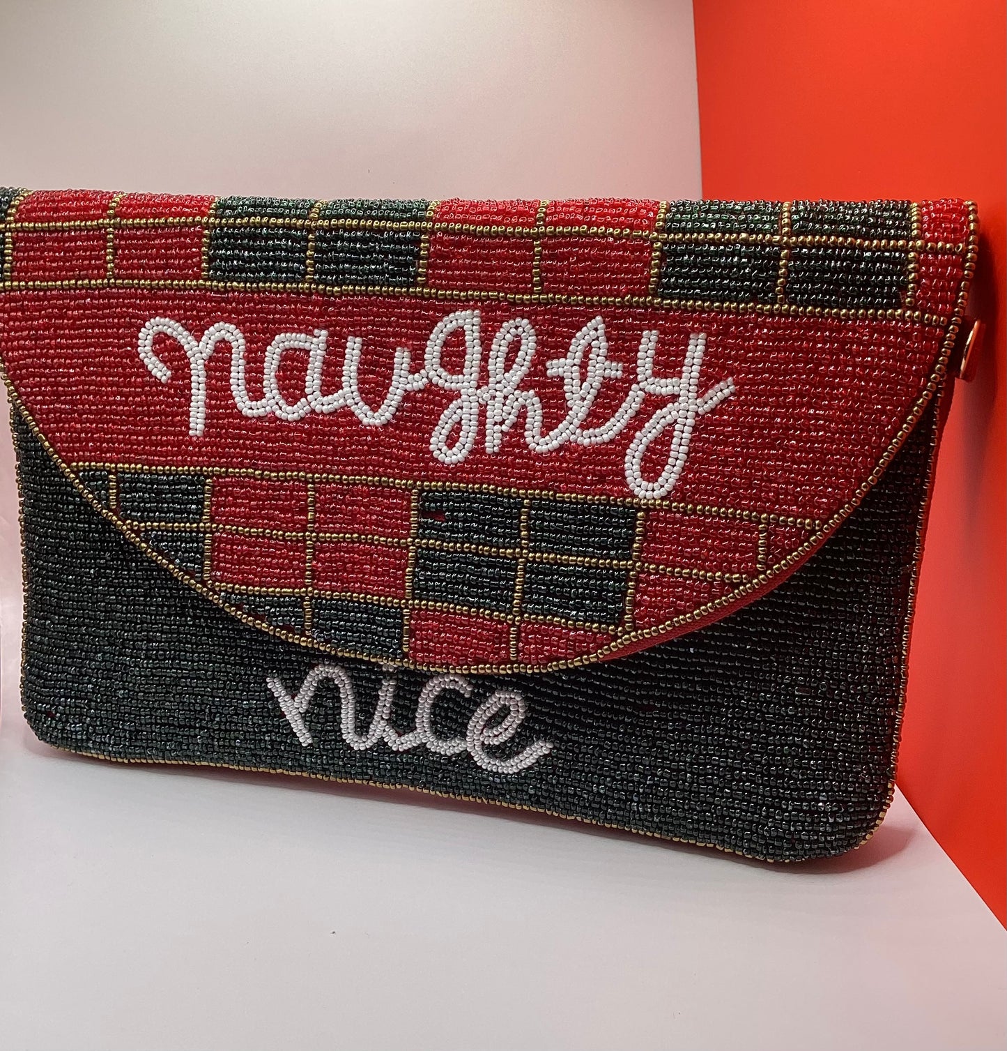 Holiday beaded clutch