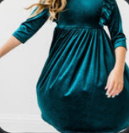 Teal Velvet ruffled Twirl Dress