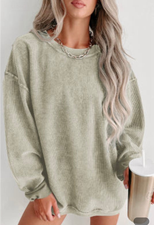 Green Ribbed Knit Pullover Sweatshirt