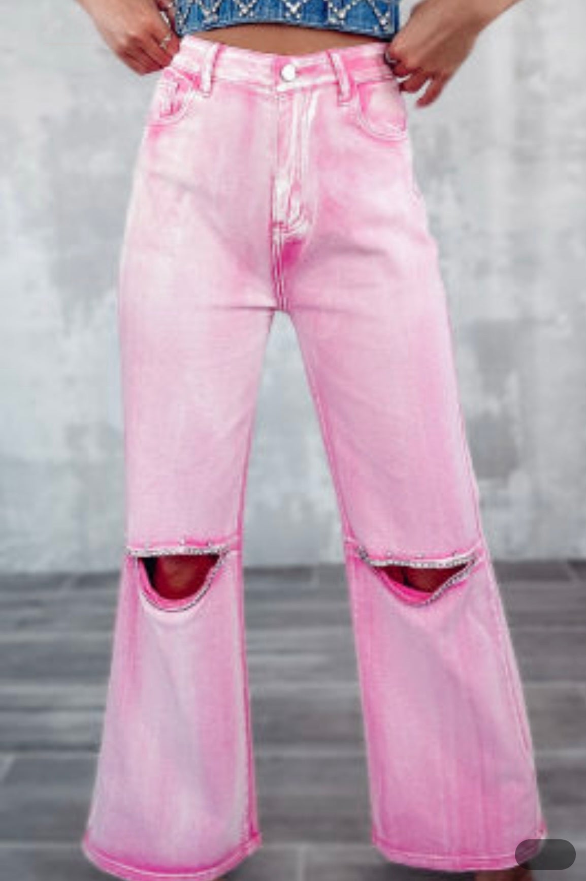 Pink Rhinestones Cutout Wide Leg Jeans