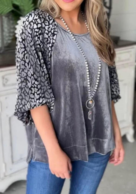 Grey Velvet Leopard Print Blouse